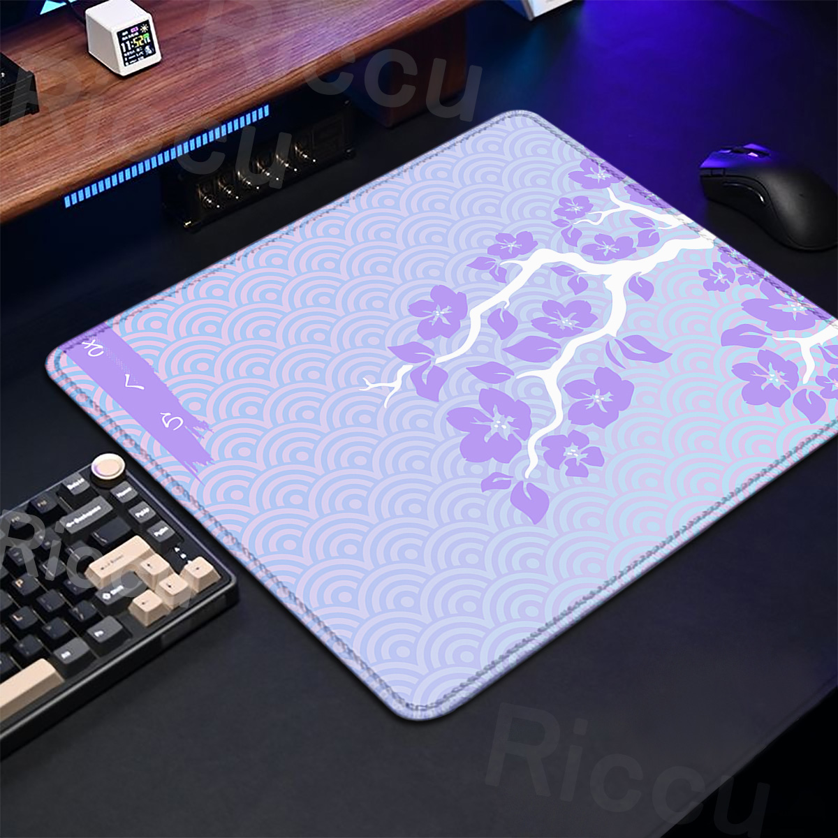 Gaming Keyboard Brand - 紫色のさくらゲーミングマウスパッド、小さなカーペット、滑り止めのデスクマット、かわいい桜のアートデザイン、ポータブルキーボード、xs