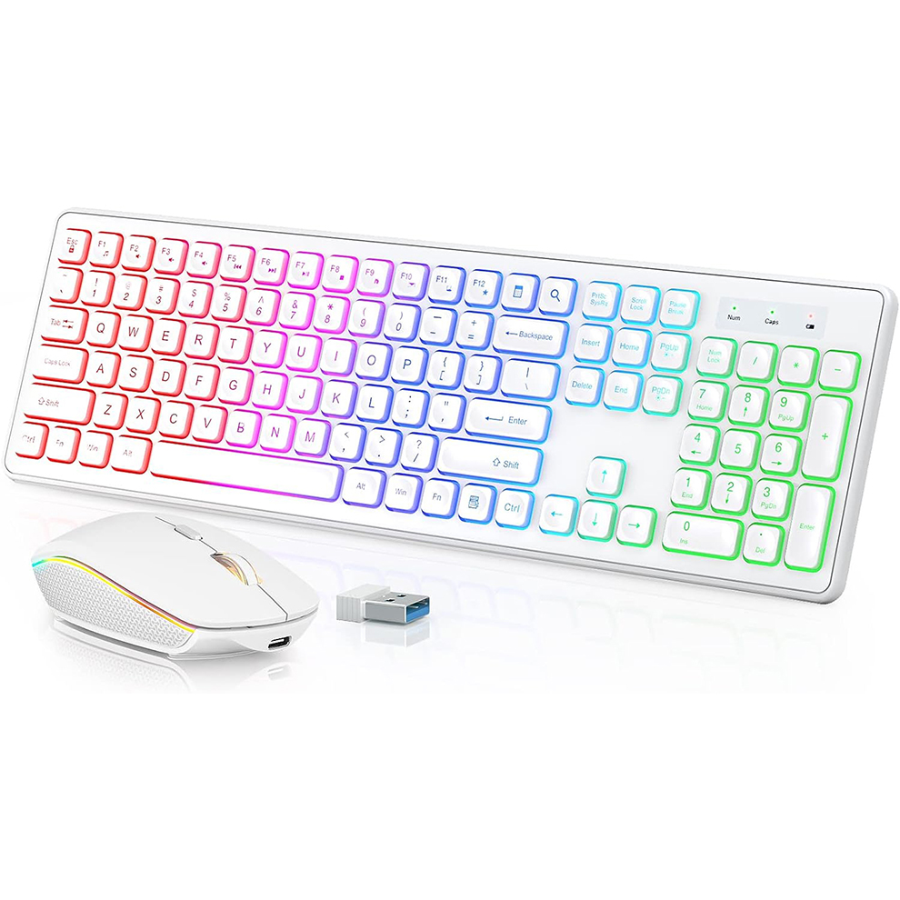 Gaming Keyboard Extension - バックライト付きワイヤレスキーボードとマウス、静かなライトアップキー、傾斜脚、コンピュータ、PC、ラップトップ用の充電式USBコードレスコンボ
